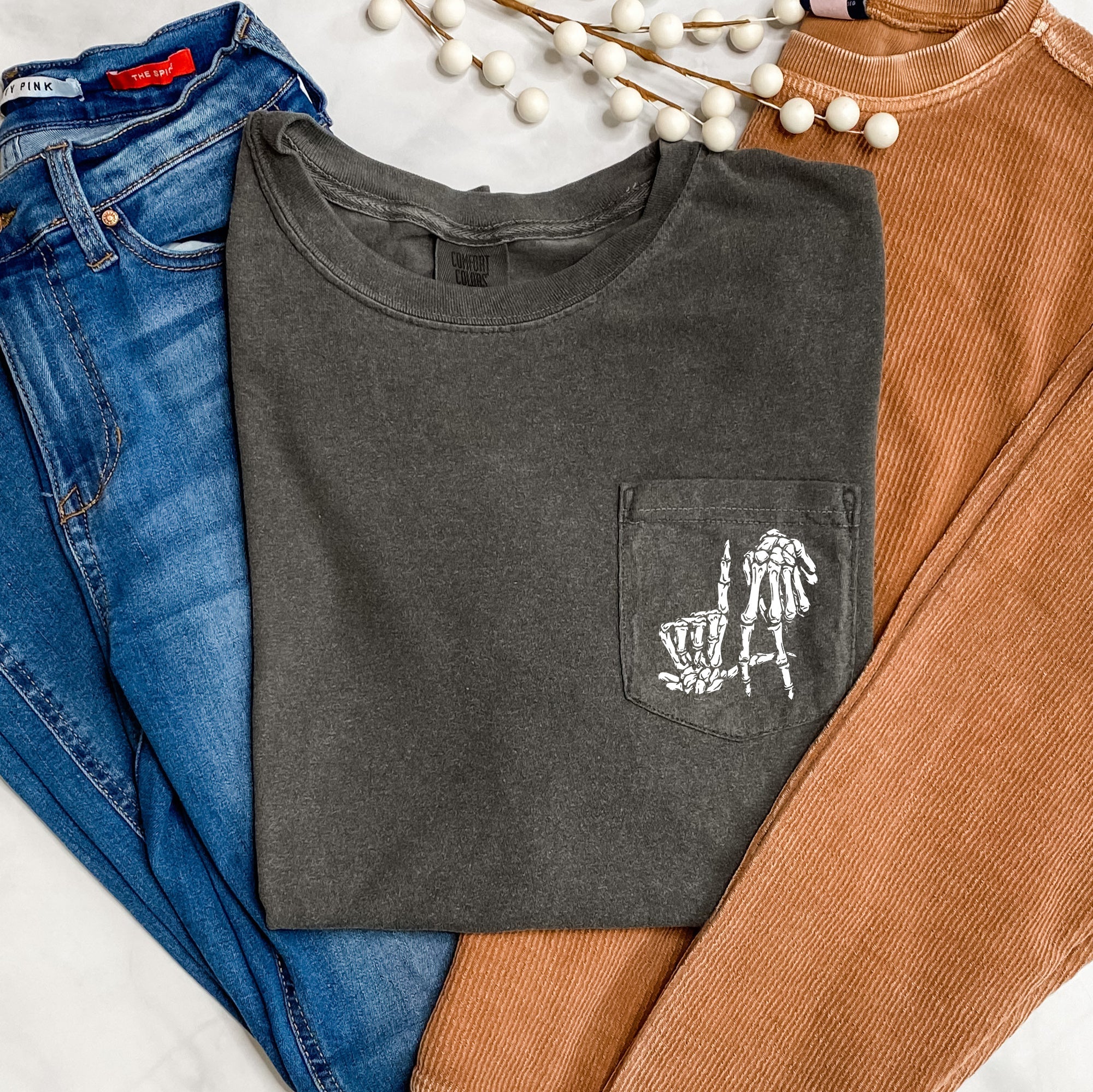 Skeleton Halloween Pocket Edition With Retro Nighttime Skeleton Graphic On Comfort Colors Tee