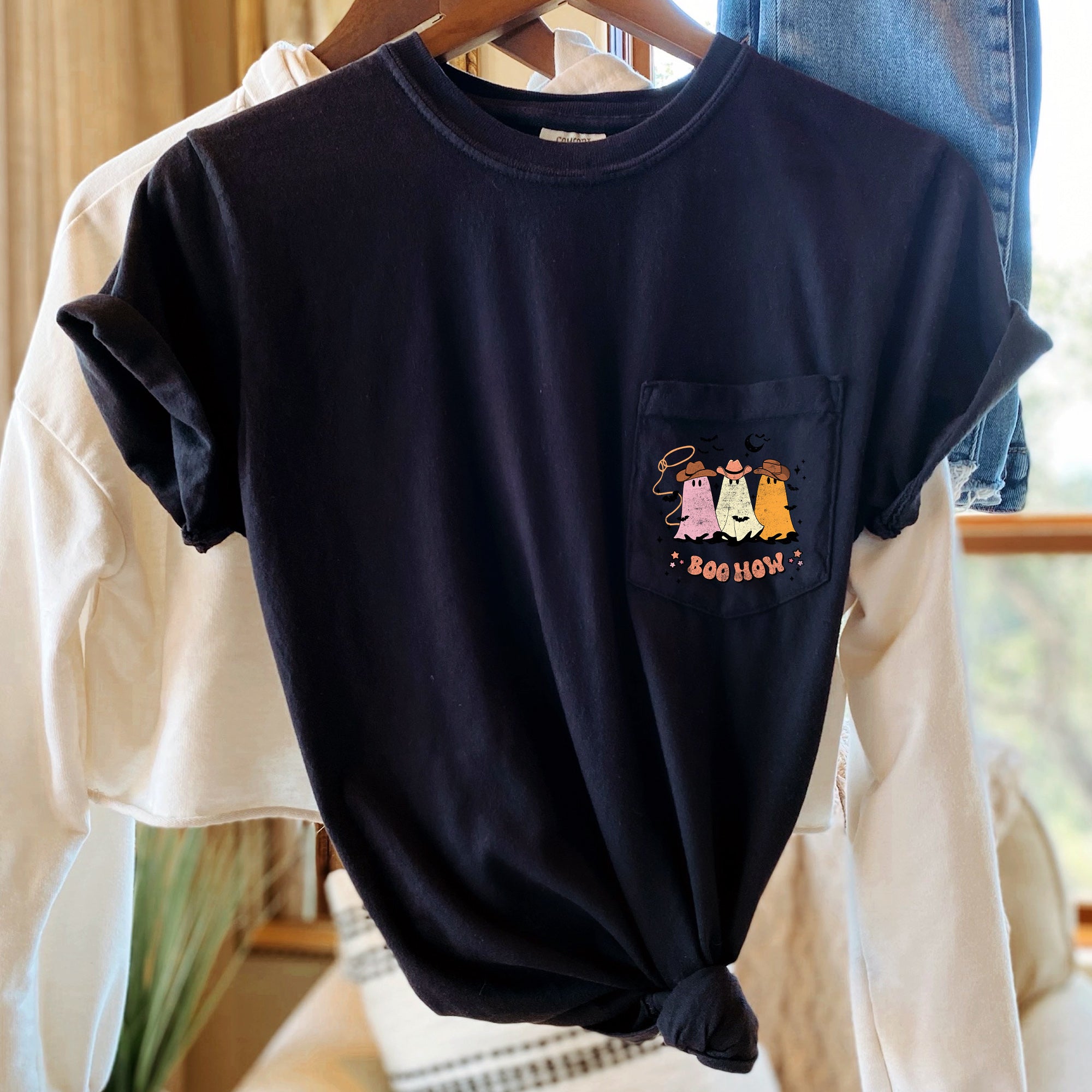 Boo How Ghosts Halloween Pocket Design Celebrating Spooky Season Comfort Colors Tee
