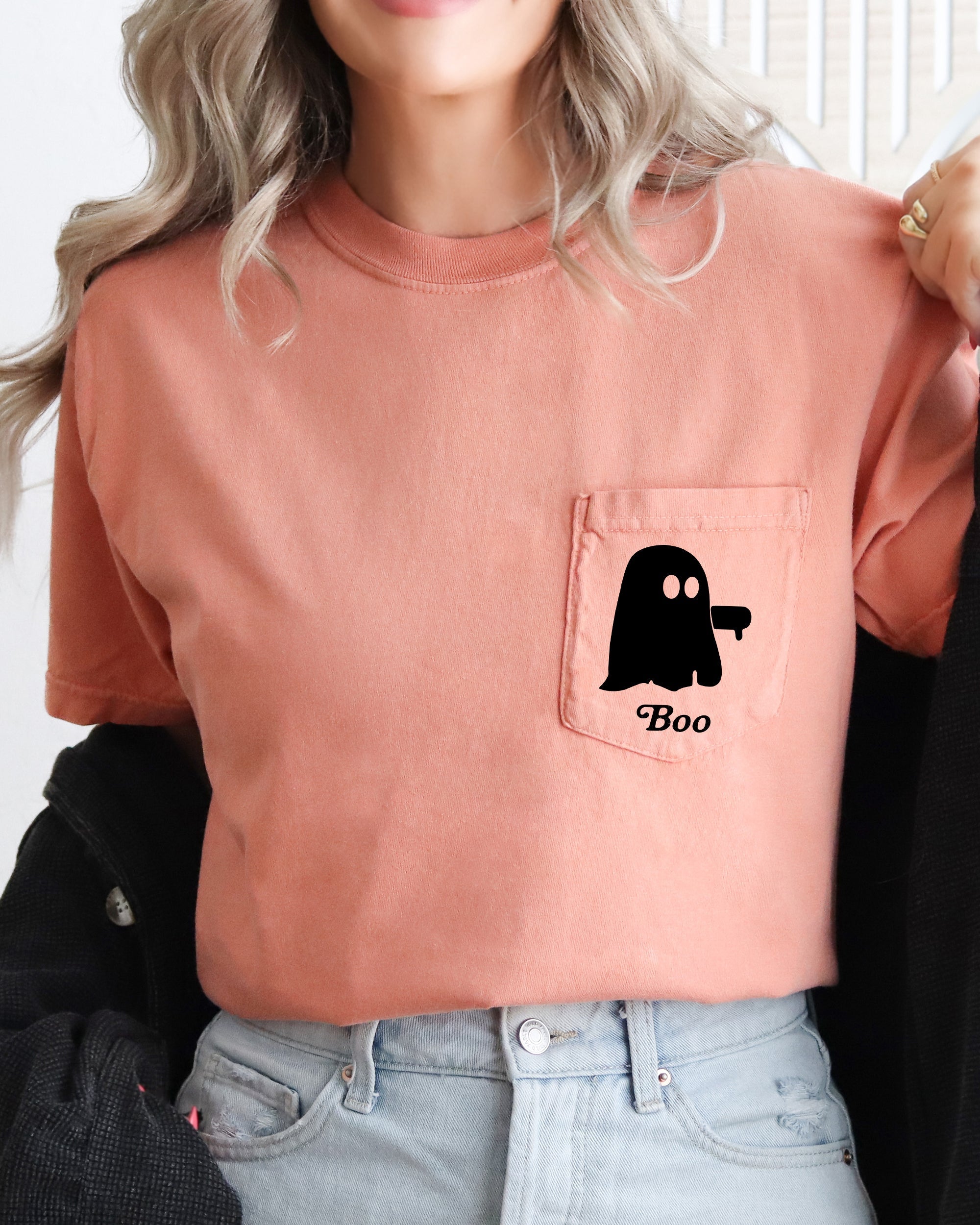 Boo Thumb Ghost Halloween Pocket Tee Graphic Illustration Featuring Friendly Ghosts Comfort Colors Tee