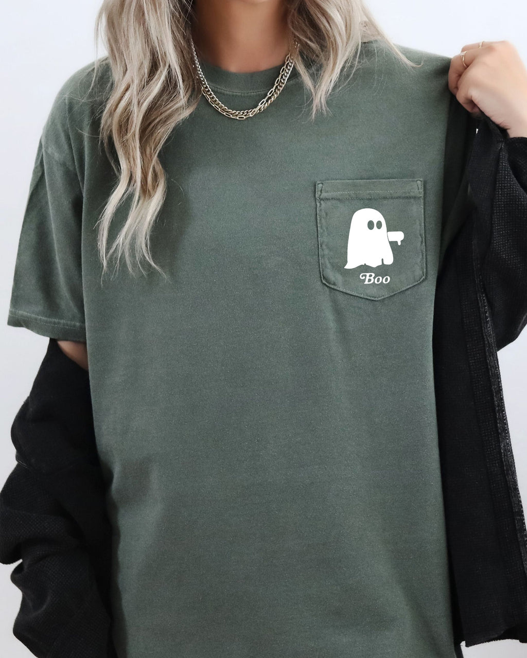 Boo Thumb Ghost Halloween Pocket Tee Graphic Illustration Featuring Friendly Ghosts Comfort Colors Tee