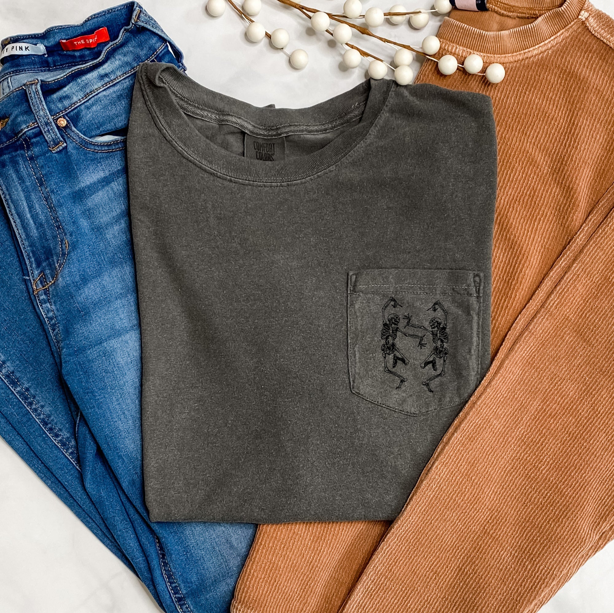 Dancing Skeletons Halloween Pocket Comfort Colors Tee Premium Soft Garment Dyed Cotton