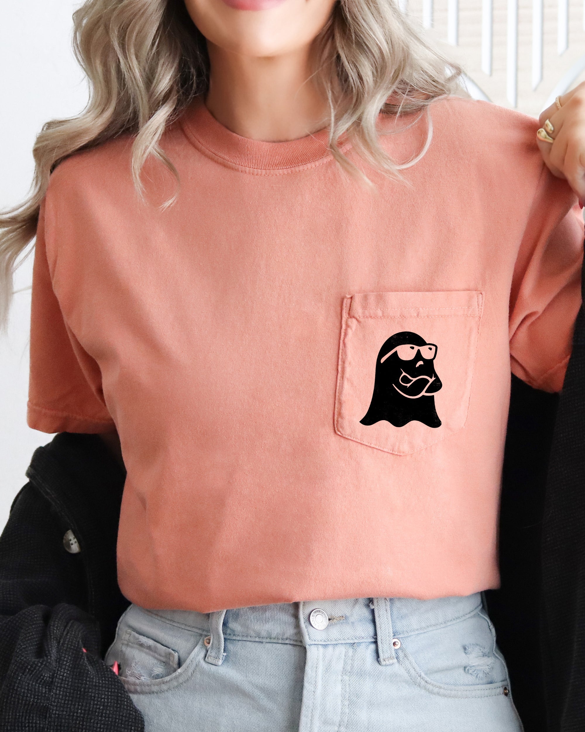 Ghost Arms Crossed Halloween Pocket Ghost Graphic Illustration Scene Comfort Colors Tee