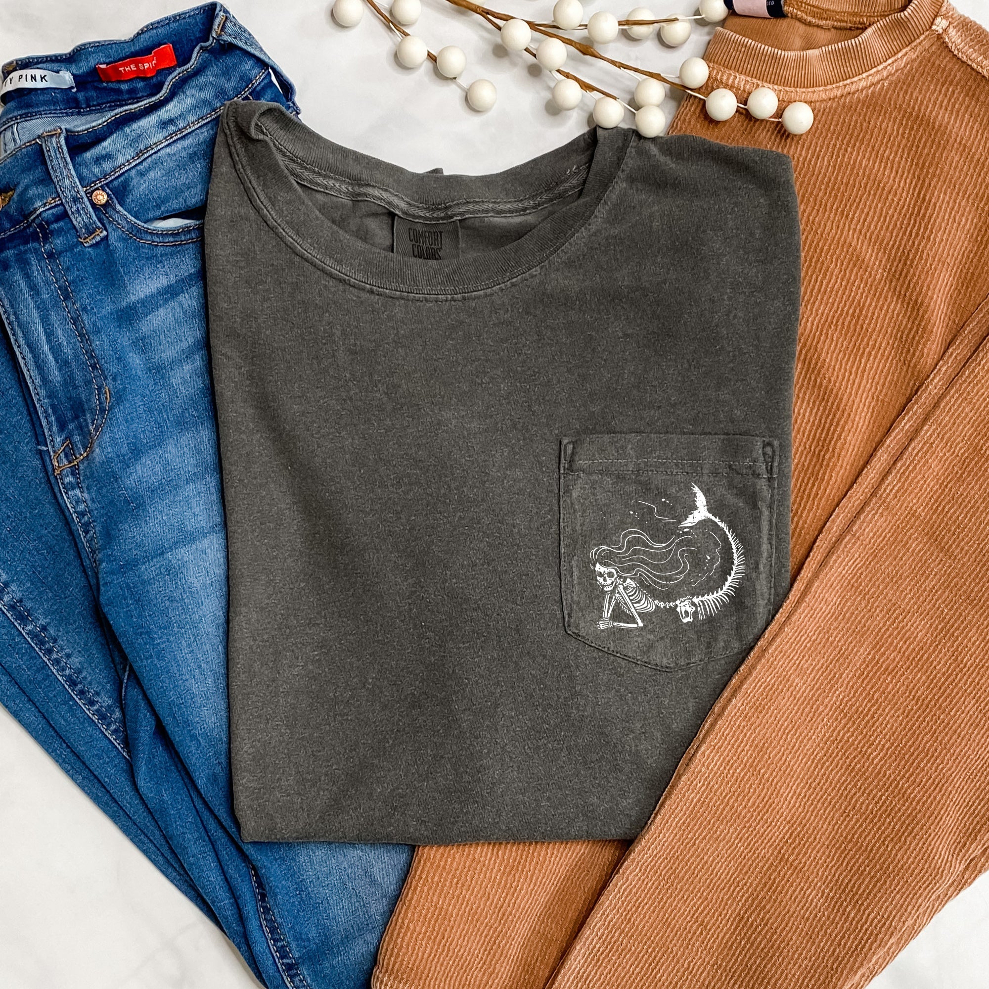Mermaid Skeleton Halloween Pocket Mystic Sea Creature Portrait Dark Tide Night Sky Illustration Comfort Colors Tee