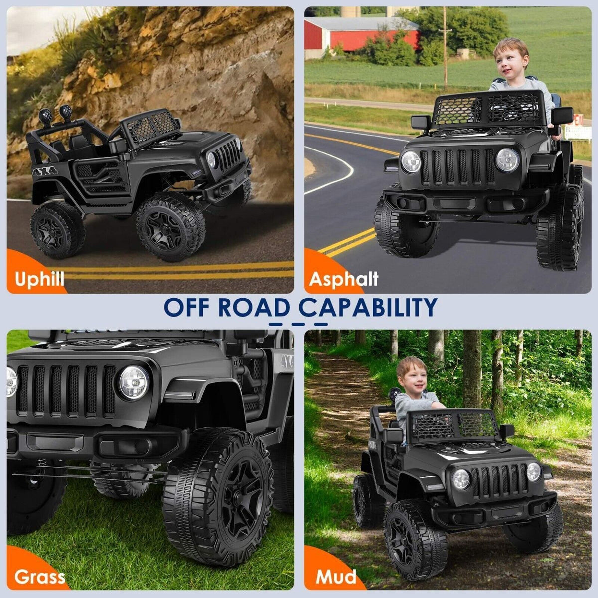 12V Kids Electric Jeep with Remote Control, 3 Speeds, LED Lights, and MP3 Player
