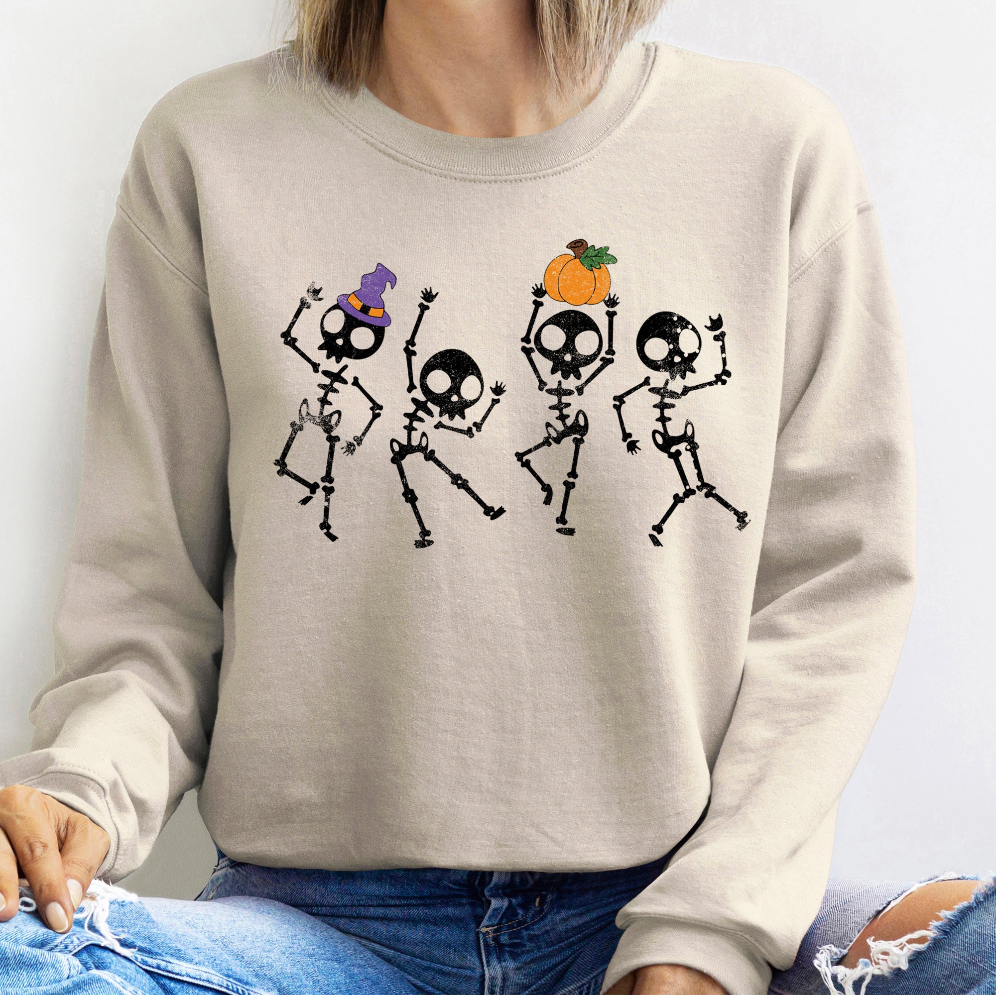 Pumpkin Dancing Skeletons Graphic Sweatshirt With Cozy Fleece Lining And Halloween Spirit