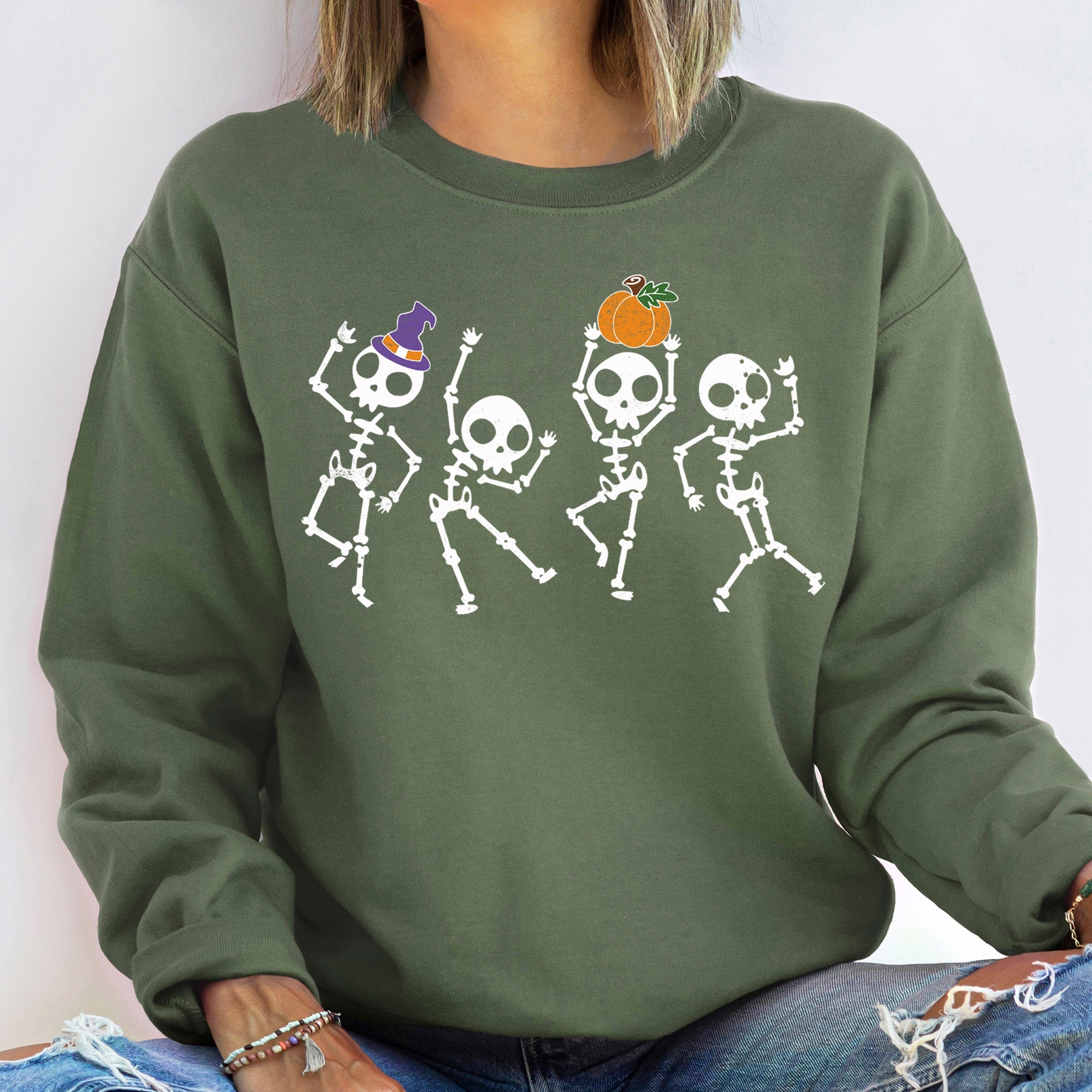 Pumpkin Dancing Skeletons Halloween Night Vintage Cozy Seasonal Favorite Sweatshirt