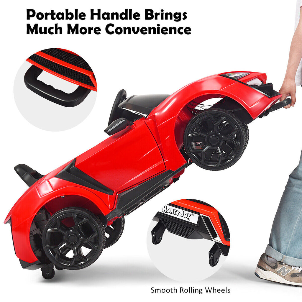 Red 2.4G RC Electric Ride-On Car for Kids with Light, Music, and Openable Doors