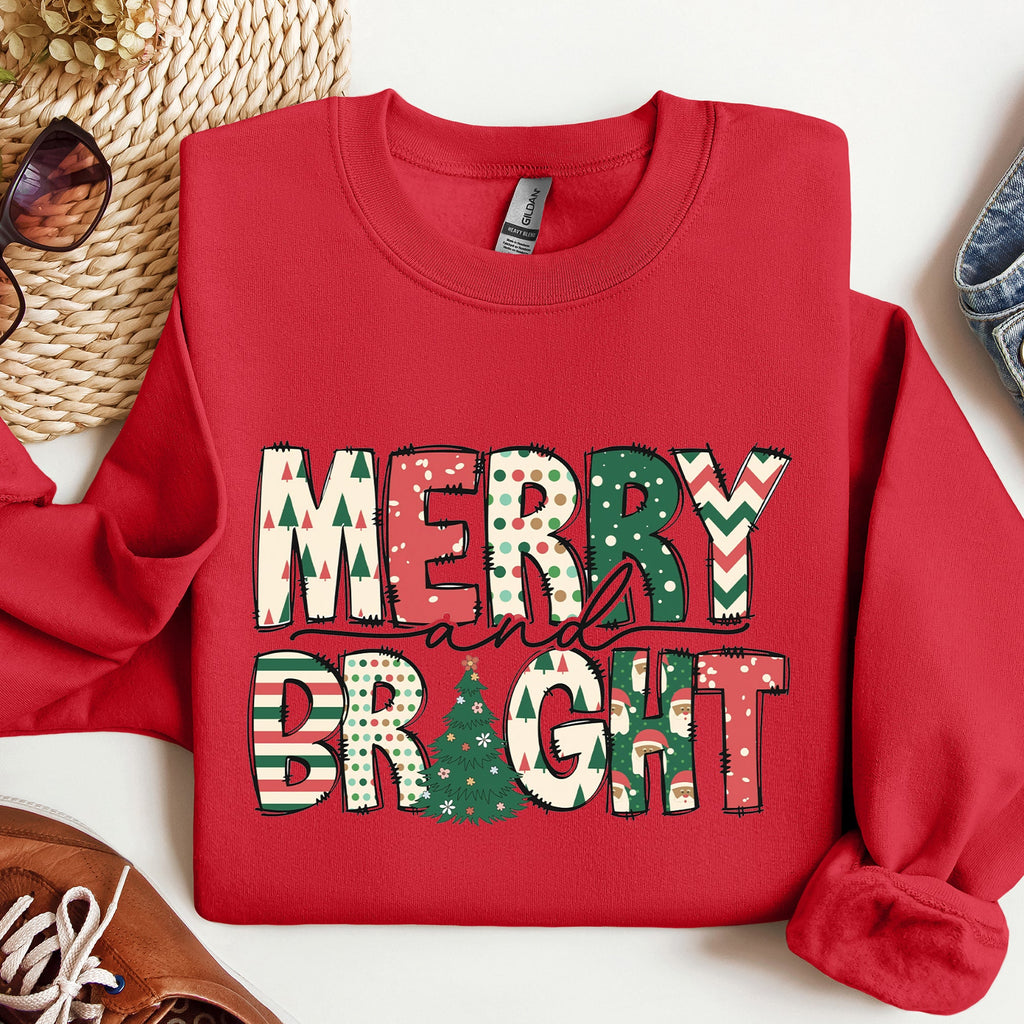 Merry And Bright Christmas Cheer Festive Holiday Lights Snowflake Motif Cozy Cotton Fleece Sweatshirt