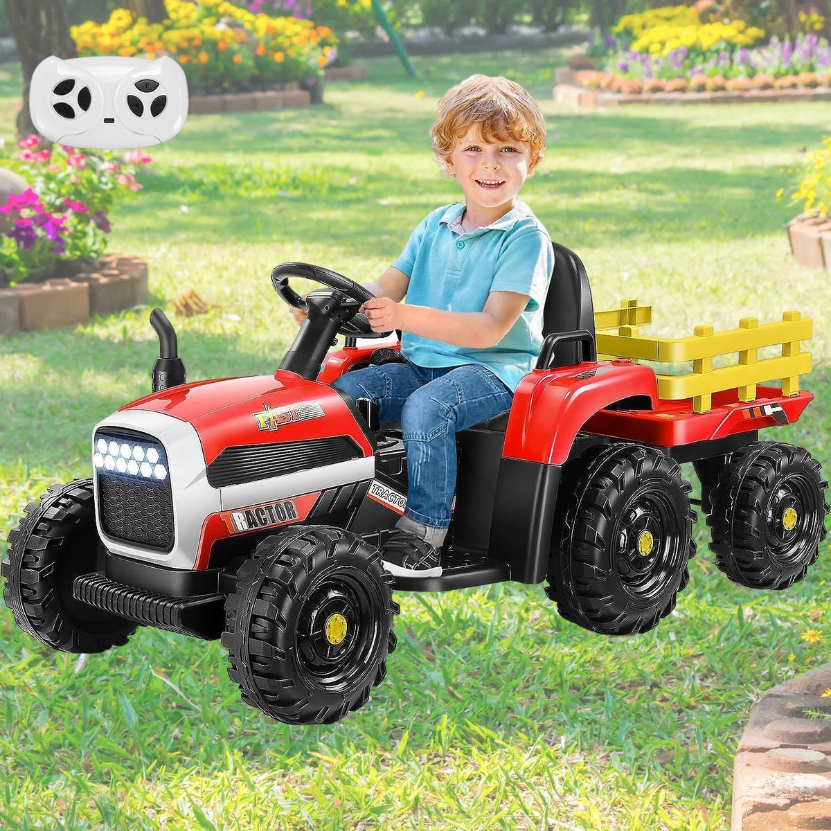 Electric Ride-On Tractor with Trailer for Kids - Remote Controlled Toy Car