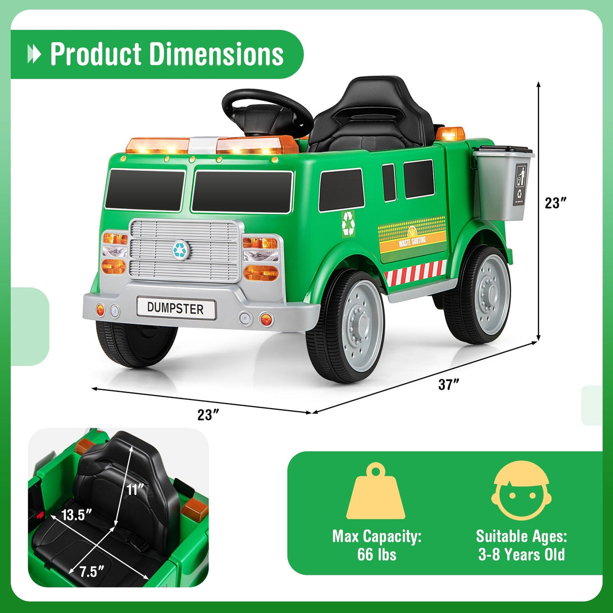 Ride-On Garbage Truck with Remote Control, Trash Bin, Shovel, Lights, and Sound Effects