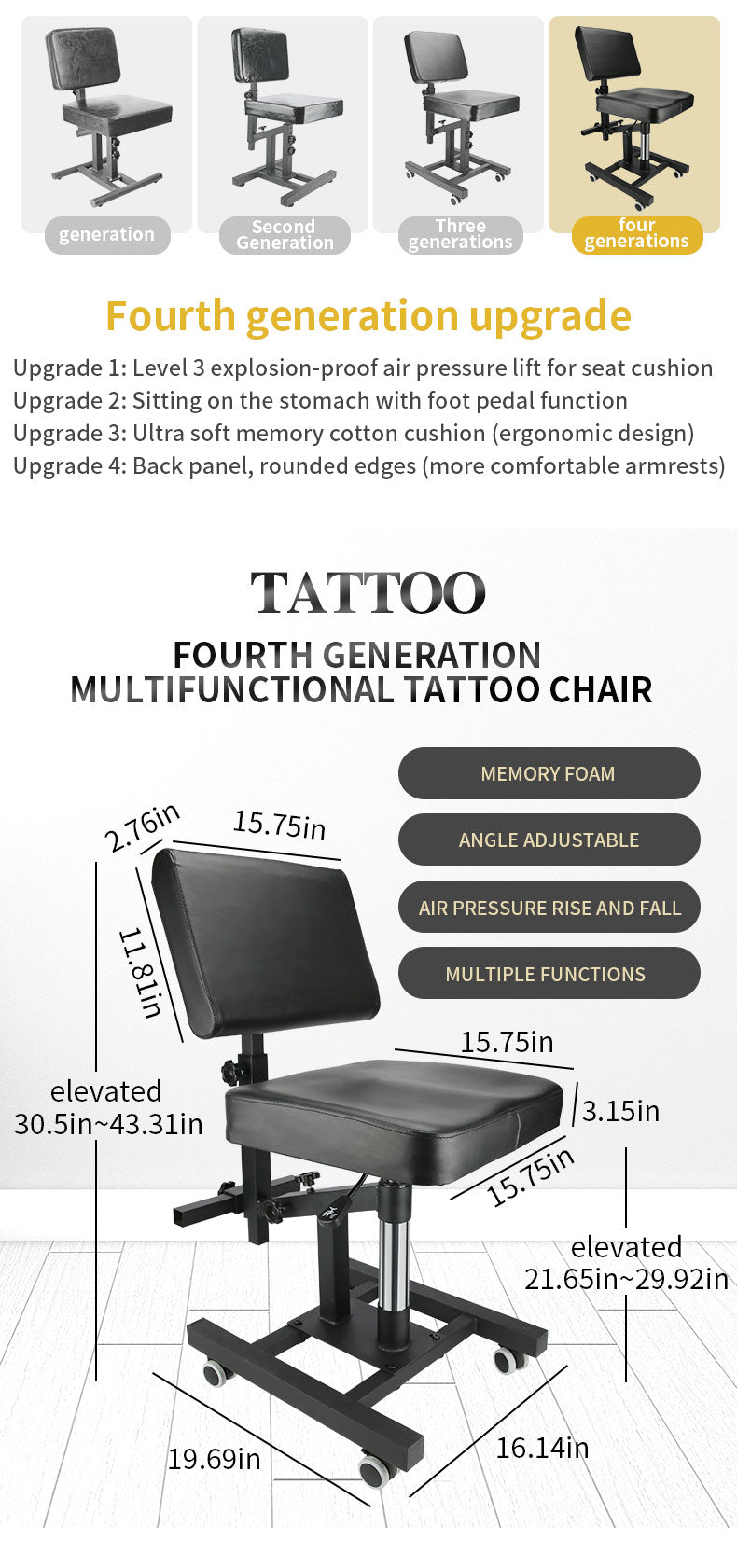 TAIDU FLASH SALE NEW UPGRADED PNEUMATIC TATTOO CHAIR LIFTABLE
