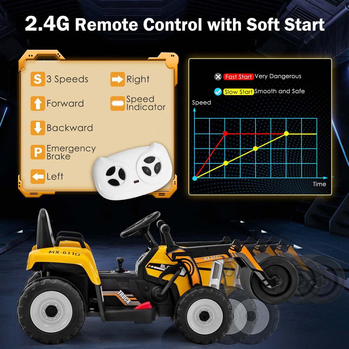 12V Electric Tractor for Kids with Remote Control, Music, and LED Lights - Yellow
