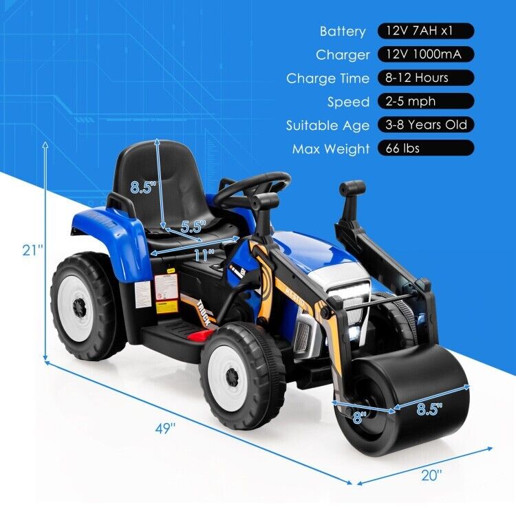 12V Electric Tractor for Kids with Remote Control, Music, and LED Lights - Blue