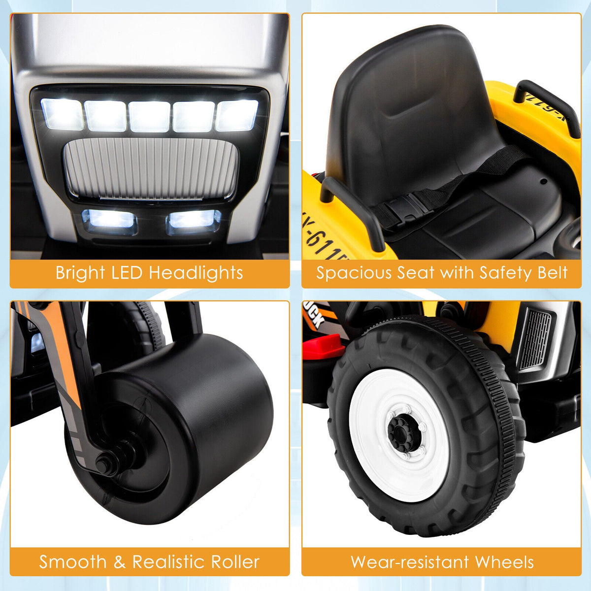 12V Electric Tractor for Kids with Remote Control, Music, and LED Lights - Yellow