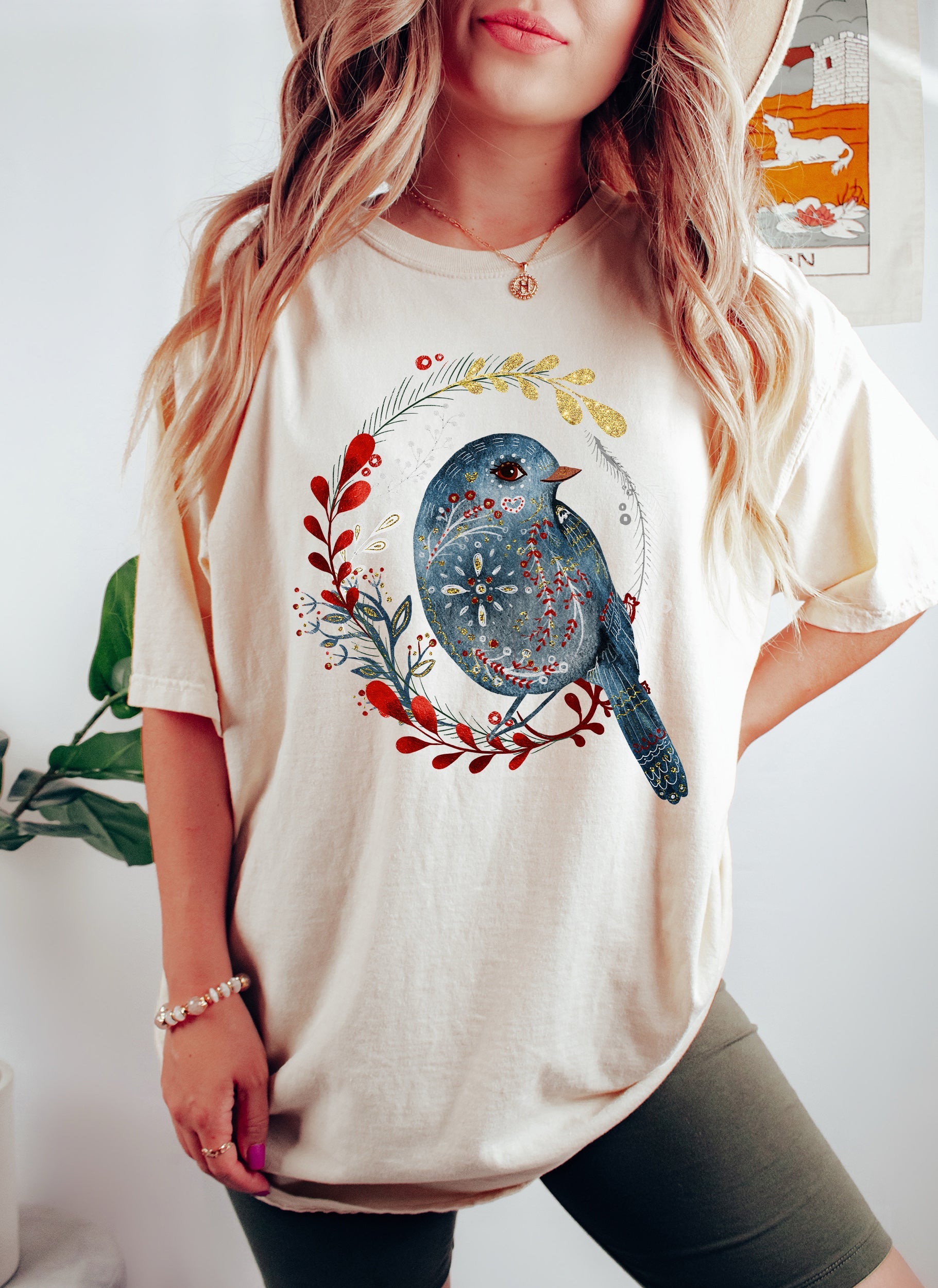 Scandinavian Folk Blue Bird Emblem Art Print Modern Nordic Design Comfort Colors Tee