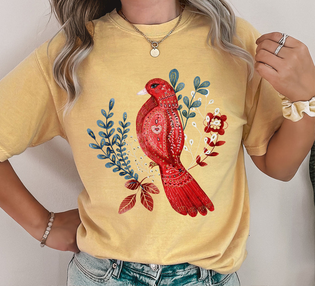 Scandinavian Folk Red Bird Nordic Folk Art Inspired Textile Illustration Comfort Colors Tee