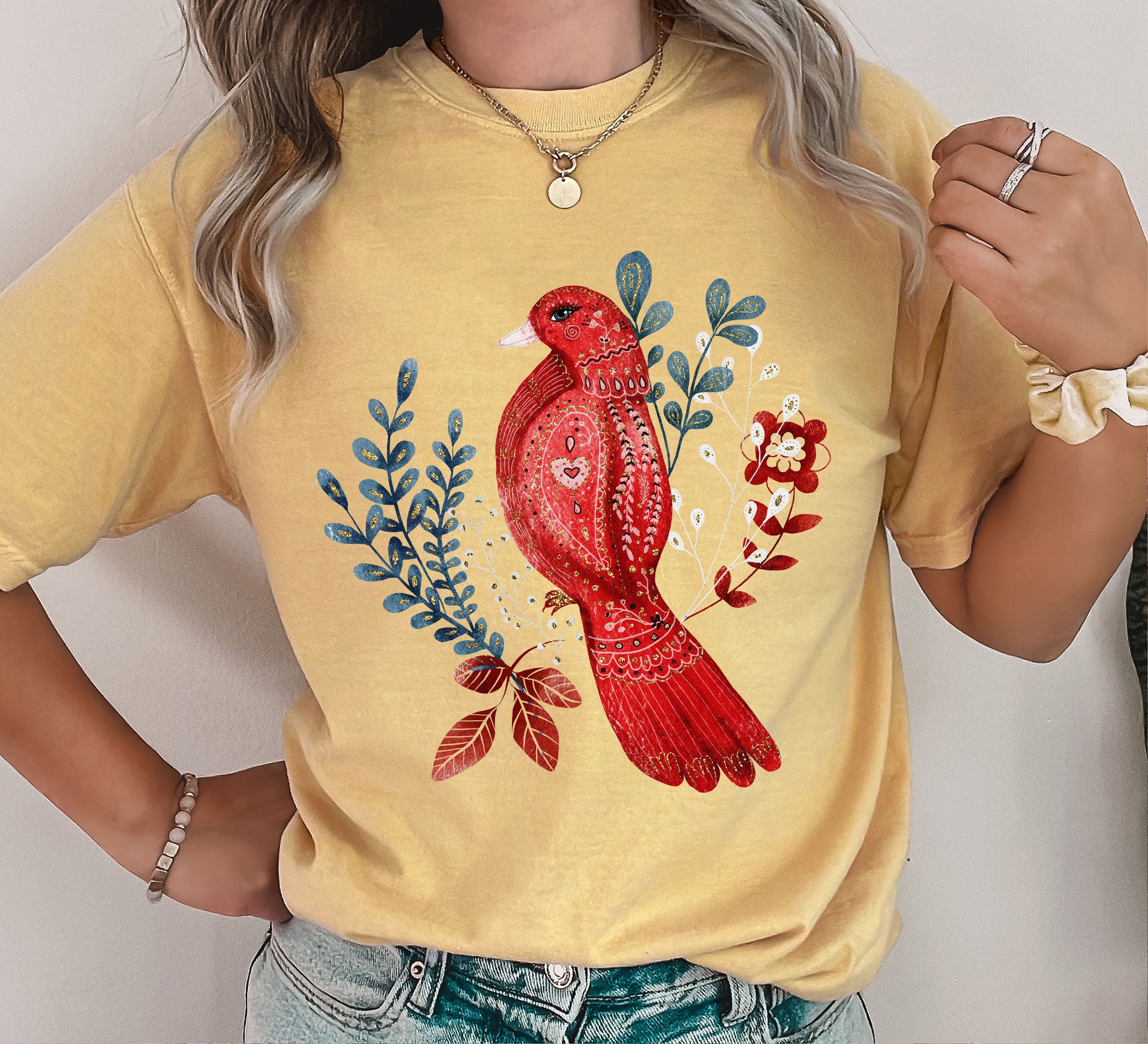 Scandinavian Folk Red Bird Nordic Folk Art Inspired Textile Illustration Comfort Colors Tee