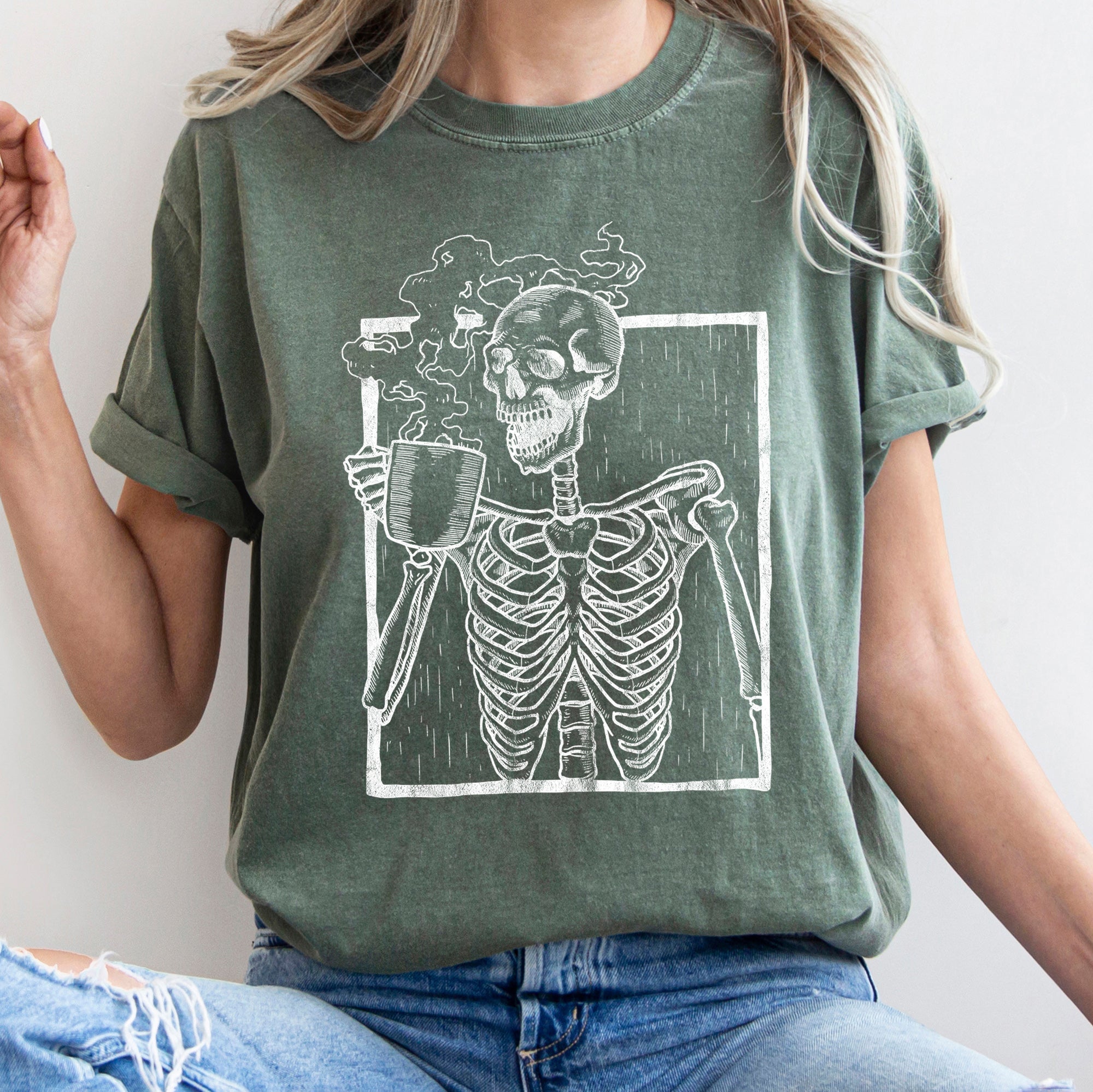 Skeleton And Coffee Retro Halloween Comfort Colors Tee
