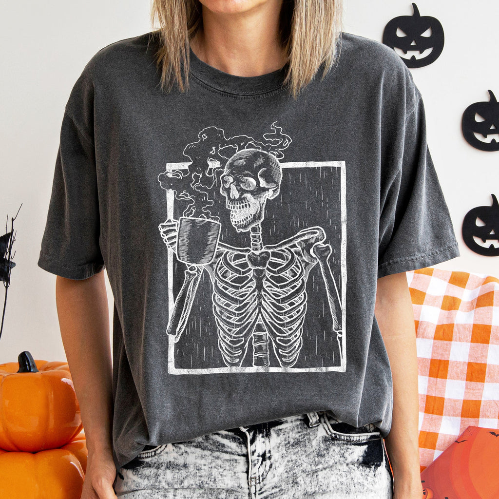 Skeleton And Coffee Retro Halloween Comfort Colors Tee