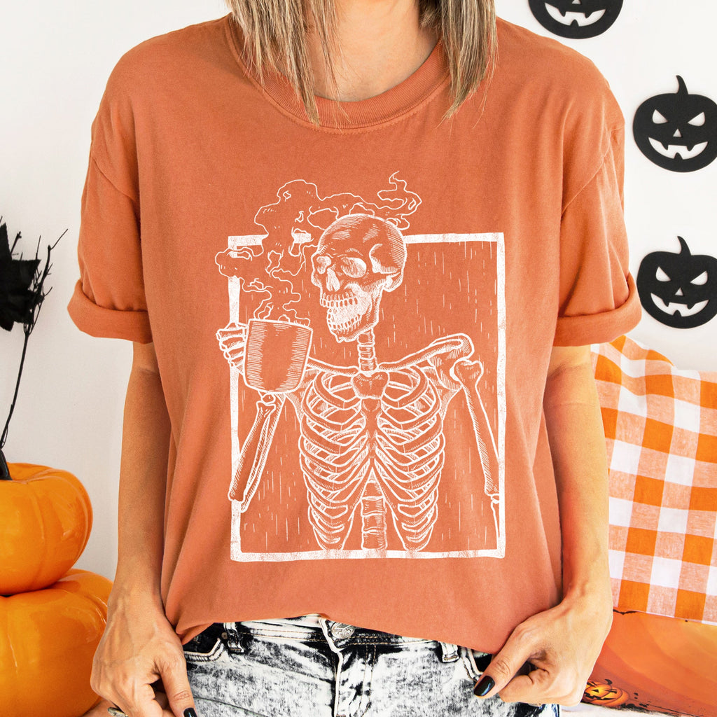 Skeleton And Coffee Retro Halloween Comfort Colors Tee