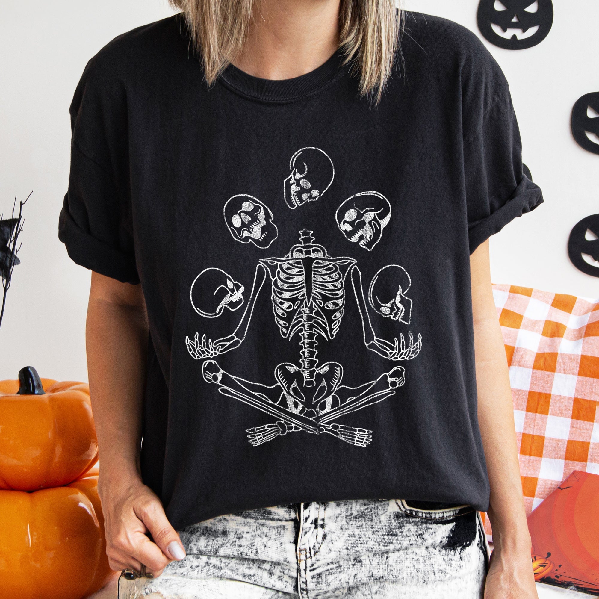 Skeleton Juggling Retro Halloween Night Party Scene Illustration Comfort Colors Tee