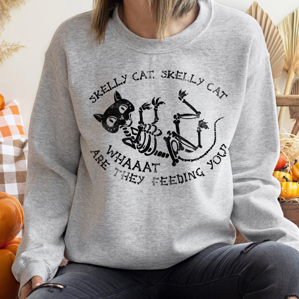 Skelly Cat Vintage Halloween Ghost Illustration With Moonlit Cemetery Scene Cozy Sweatshirt
