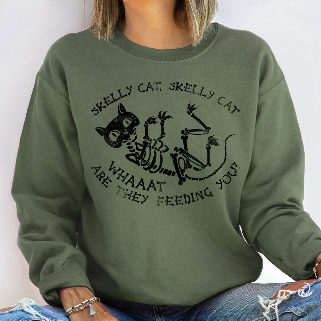 Skelly Cat Vintage Halloween Ghost Illustration With Moonlit Cemetery Scene Cozy Sweatshirt