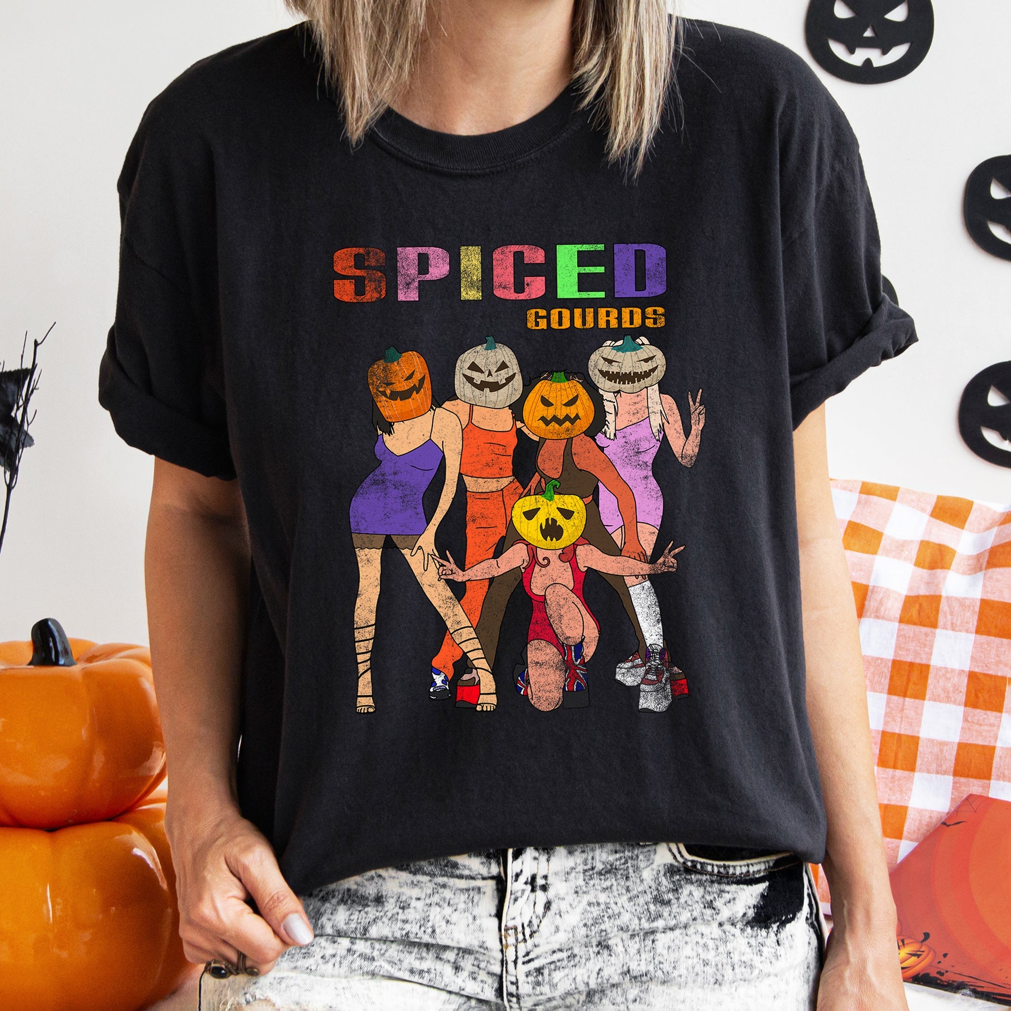 Spiced Gourds Funny Retro Halloween Haunted Harvest Moon Illustration Comfort Colors Tee