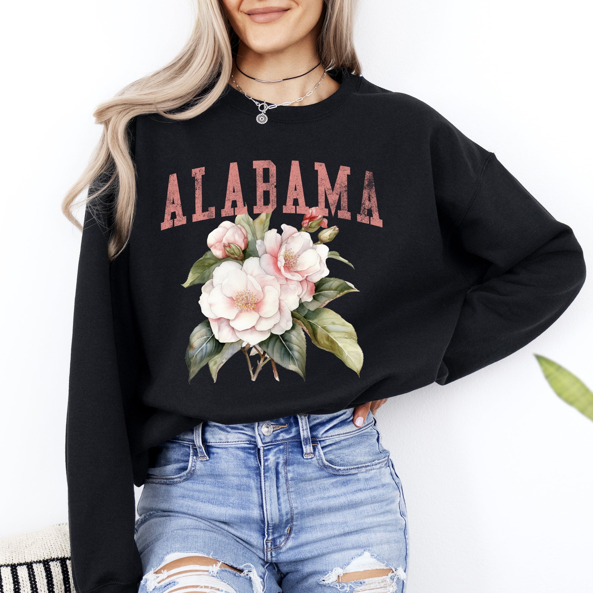 Alabama State Flower Vintage Botanical Crest State Emblem Soft Fleece Graphic Sweatshirt
