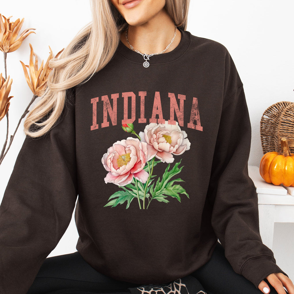 Indiana State Flower Peony Botanical Illustration And Typography Artwork Celebrating Indiana State Pride Sweatshirt