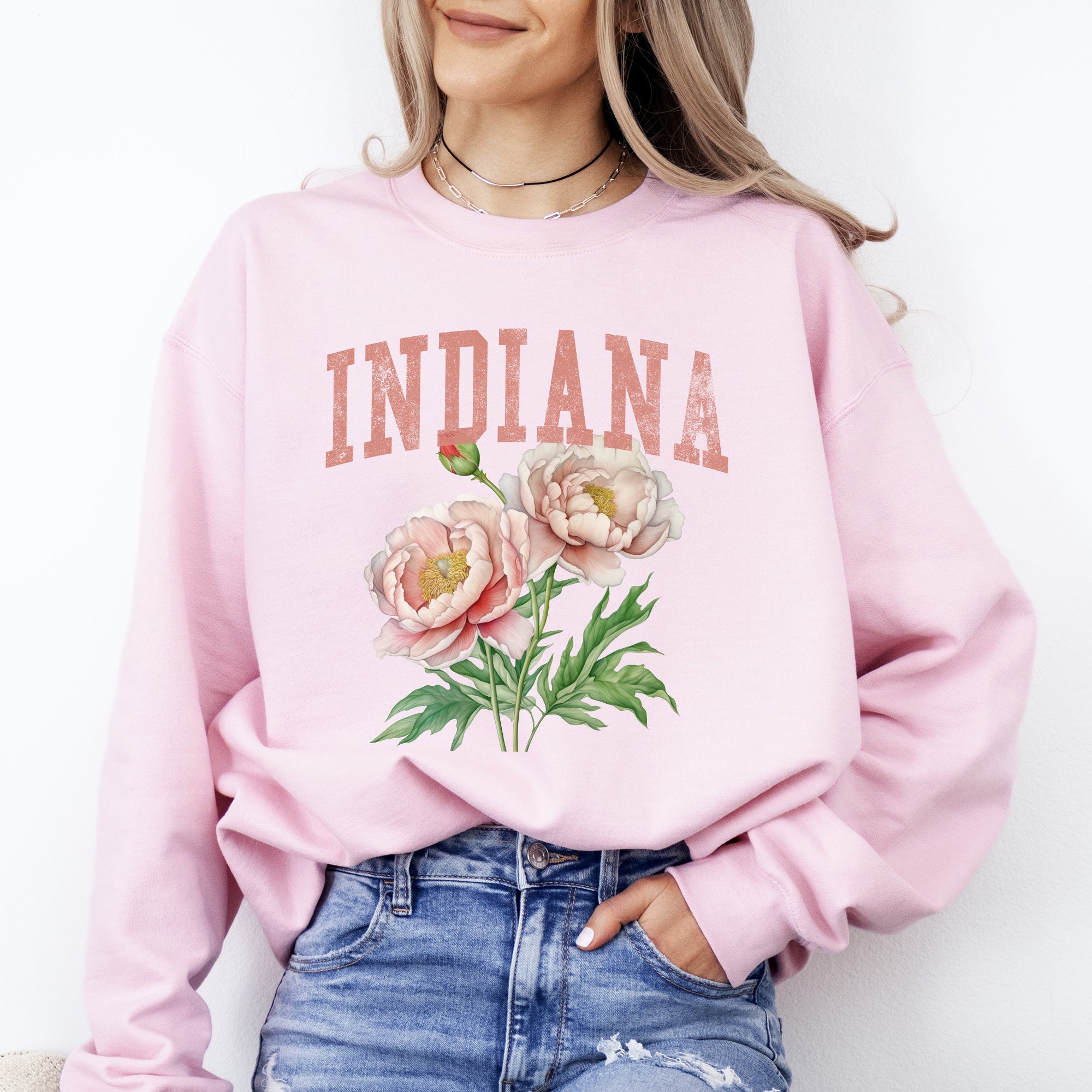 Indiana State Flower Peony Botanical Illustration And Typography Artwork Celebrating Indiana State Pride Sweatshirt