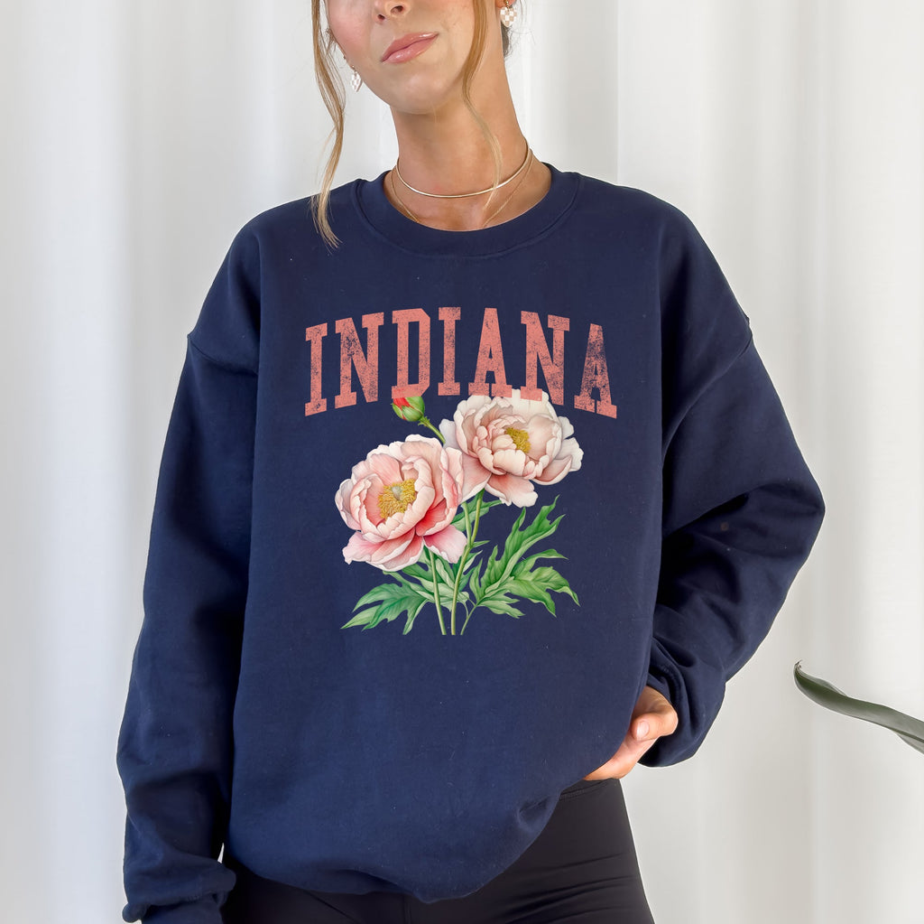 Indiana State Flower Peony Botanical Illustration And Typography Artwork Celebrating Indiana State Pride Sweatshirt
