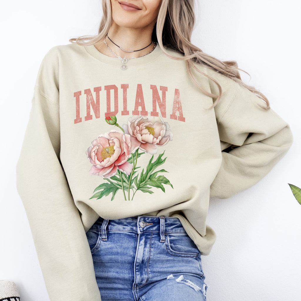 Indiana State Flower Peony Botanical Illustration And Typography Artwork Celebrating Indiana State Pride Sweatshirt