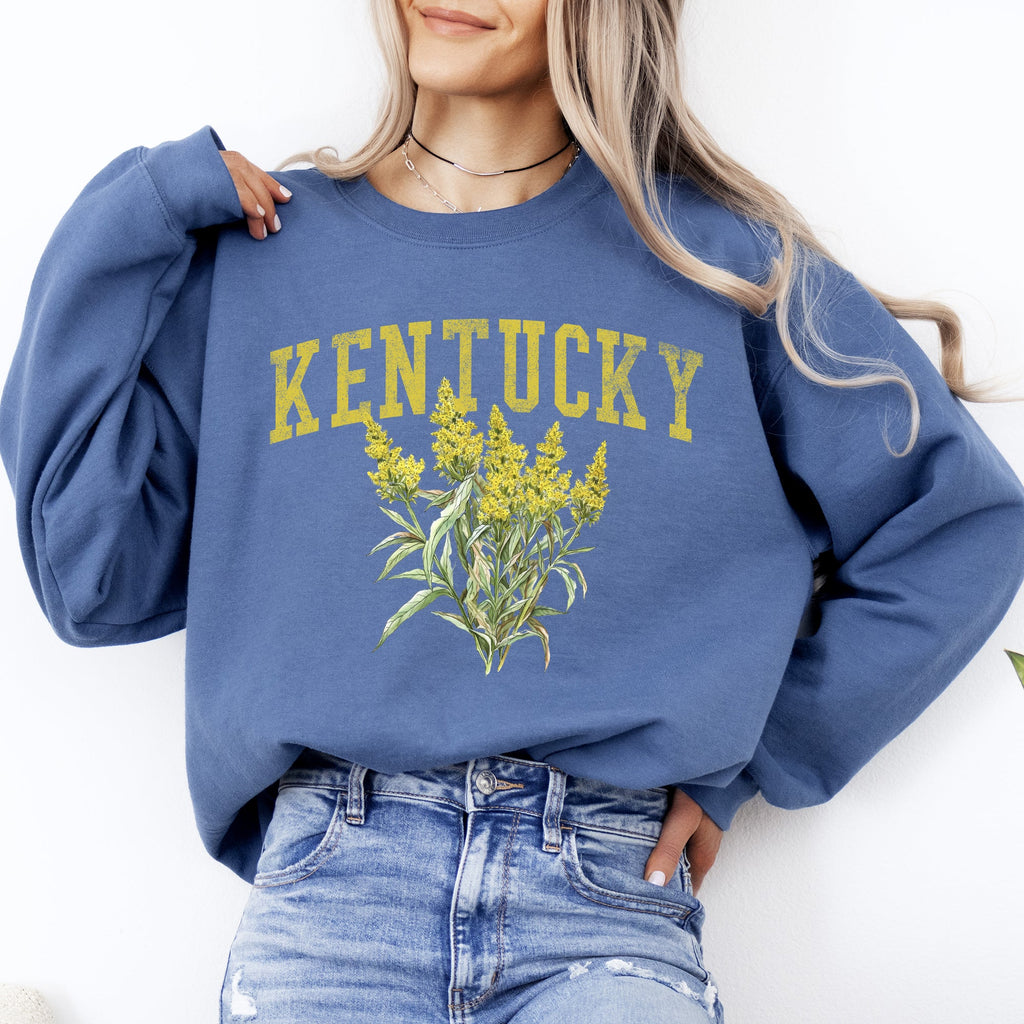 Kentucky State Flower Emblem Illustration Featuring Bold State Pride Script and Vintage Heraldic Crest Sweatshirt