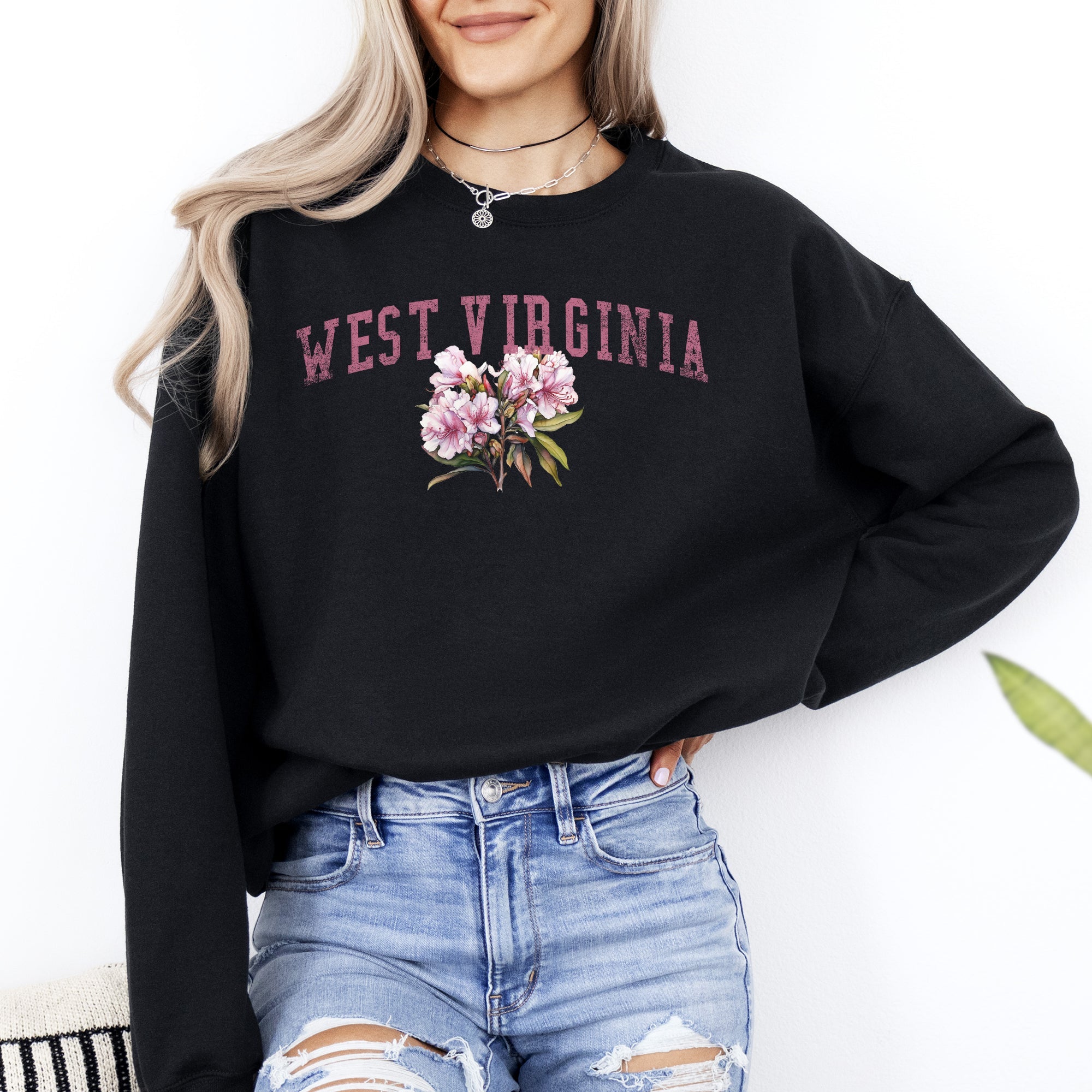 West Virginia State Flower Vintage Script Graphic Emblem Cozy Fleece Everyday Wear Sweatshirt