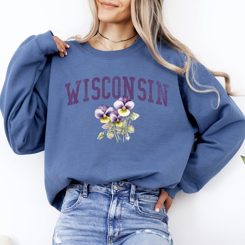 Wisconsin Wood Violet State Flower Illustration Featuring Botanical Detail Wisconsin Pride Sweatshirt