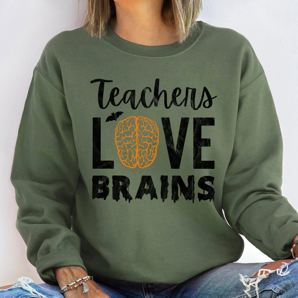 Teachers Love Brains Vintage Halloween Theme For Educators Official Edition Graphic Sweatshirt