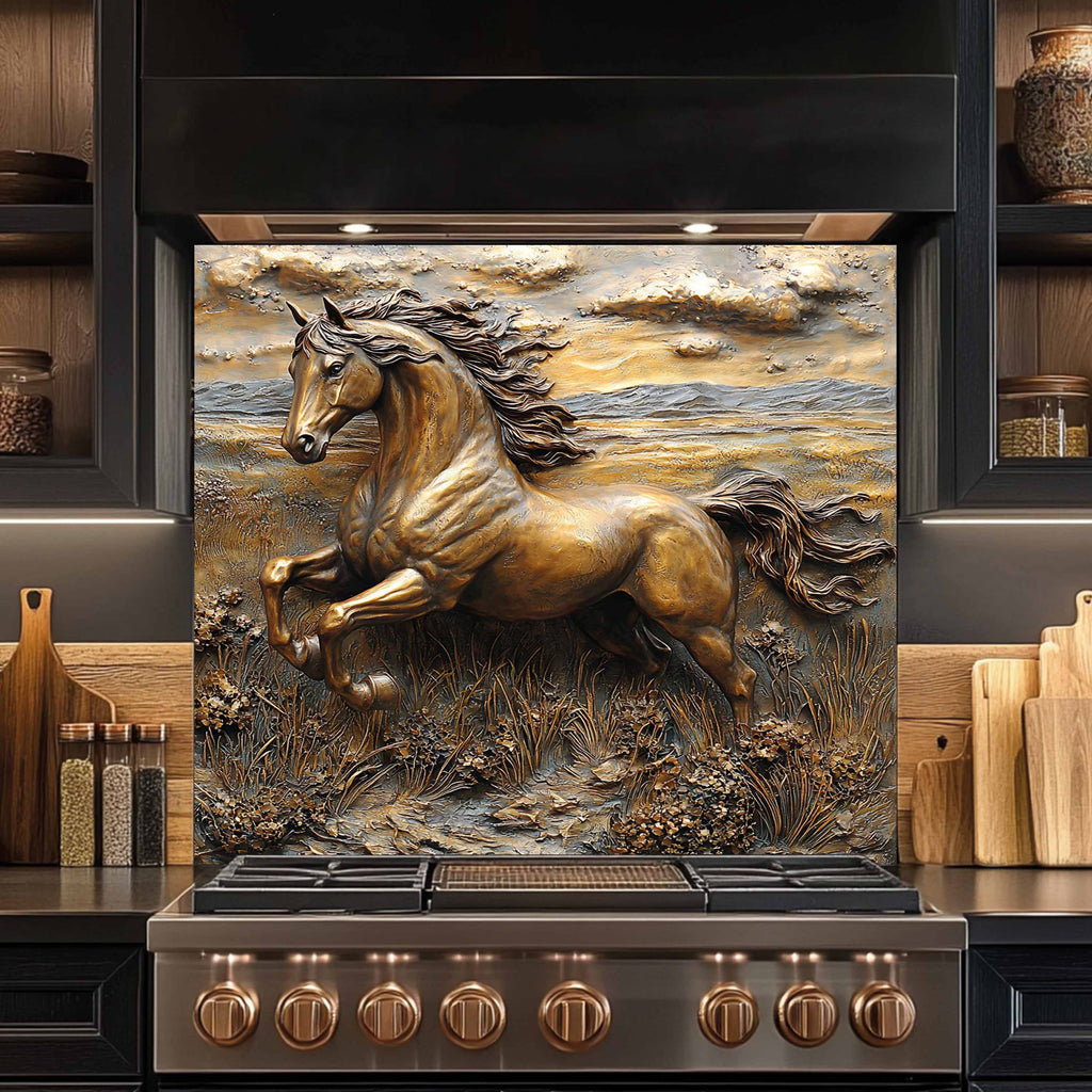 Copper Look Horse Tempered Glass Backsplash – Rustic Kitchen Back splash for Stove