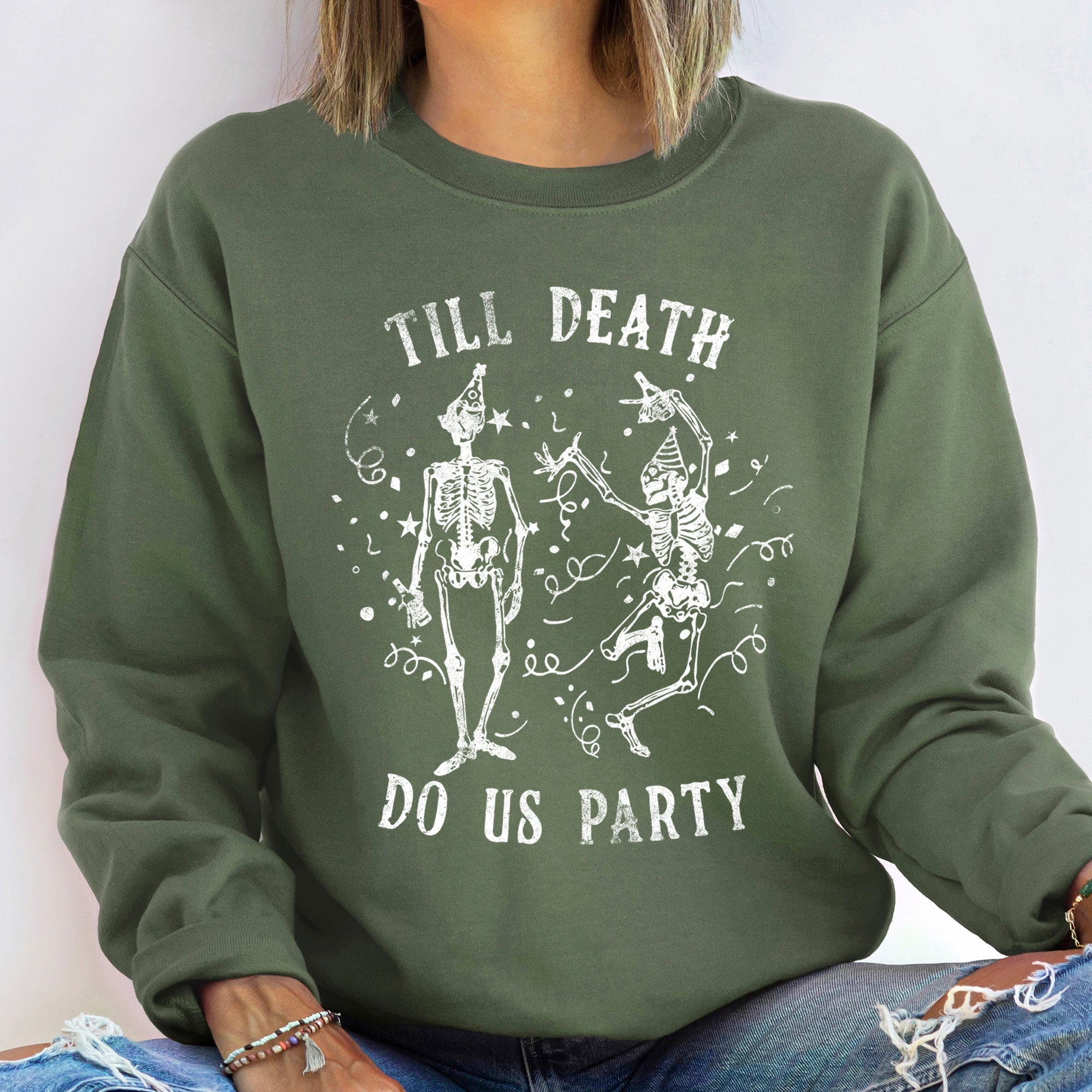 Till Death Do Us Party Halloween Hand Lettered Vintage Style Illustration Graphic Comic Gothic Text Sweatshirt