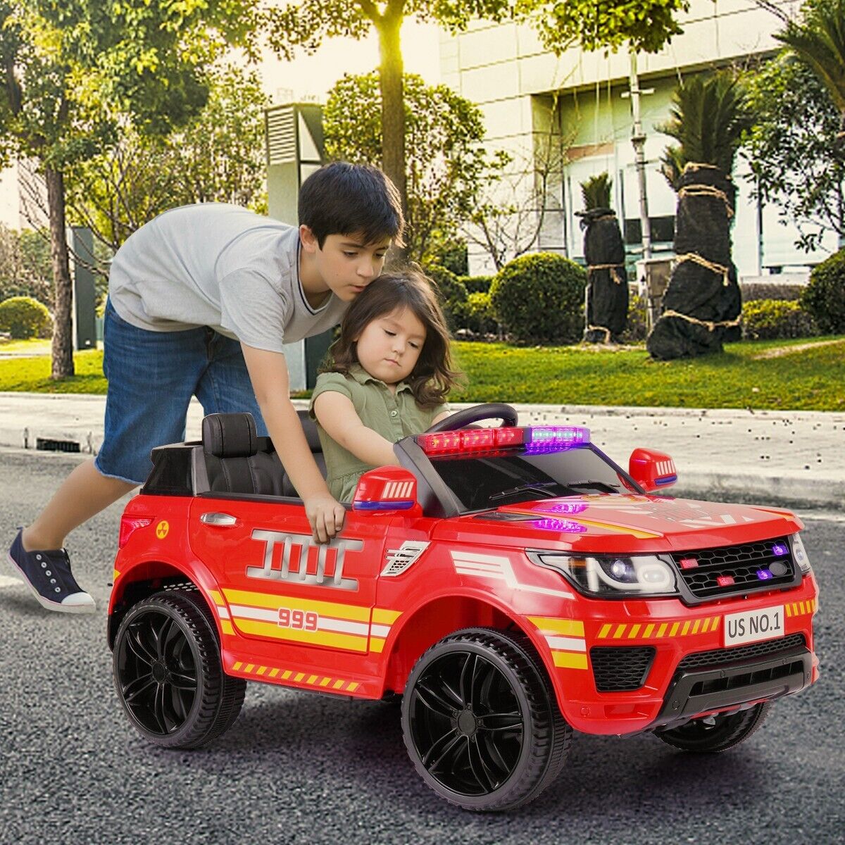 TOBBI 12V Electric Kids Police Car Fire Truck with Megaphone, Remote Control, and Lights