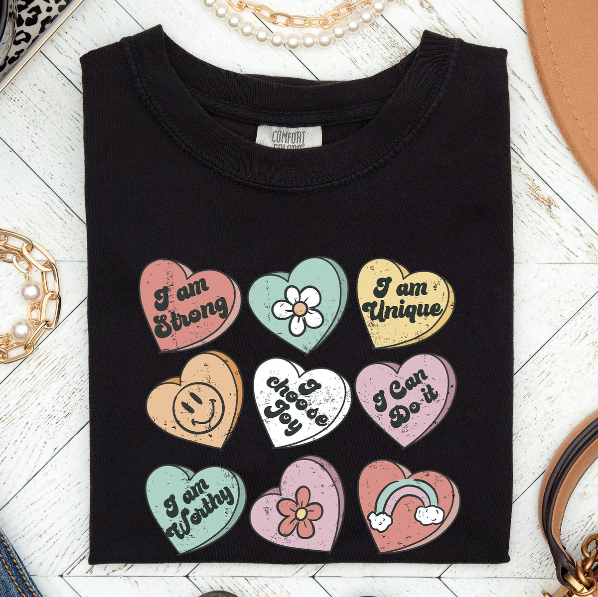Valentine's Sweet Hearts Candy Vintage Inspired Romantic Graphics Concept Comfort Colors Tee