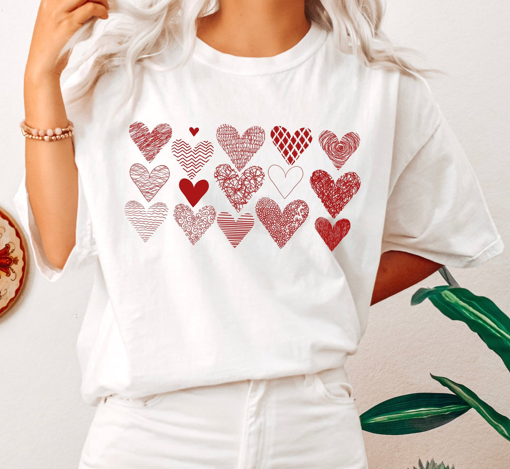 Red Heart Doodles Valentine's Day Edition Hand Drawn Hearts Love Lettering Art Comfort Colors Tee