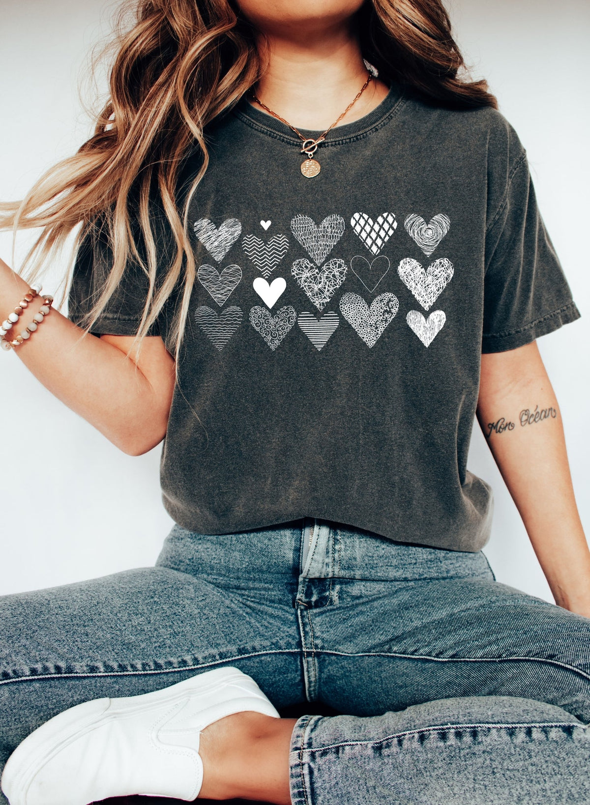 White Heart Doodles Valentine's Day Dreamy Ink Lines Vintage Style Comfort Colors Tee