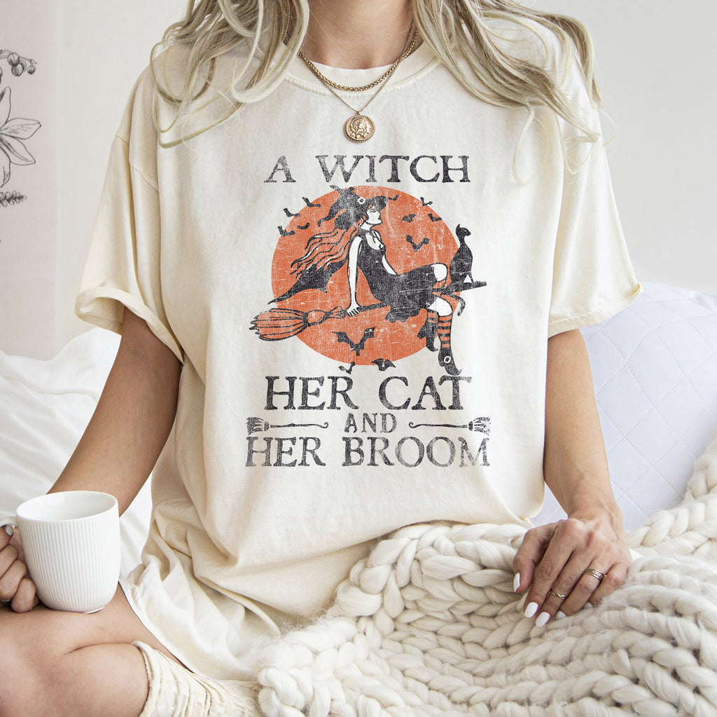 A Witch, Her Cat And Her Broom Retro Halloween Limited Edition Comfort Colors Tee