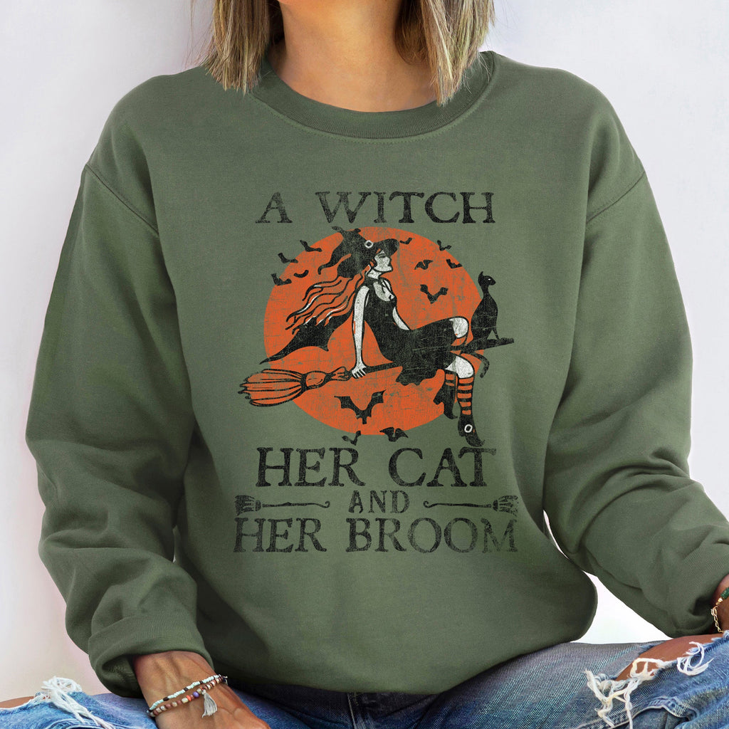 Witch Cat Broom Halloween Spooky Witch Cat Broom Halloween Graphic Cozy Sweatshirt