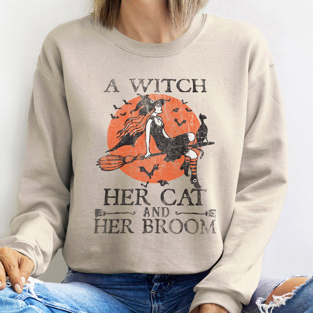 Witch Cat Broom Halloween Spooky Witch Cat Broom Halloween Graphic Cozy Sweatshirt
